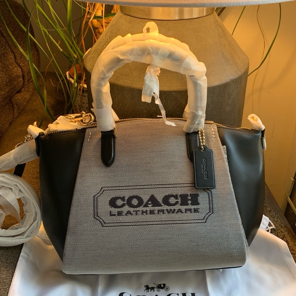 Authentic COACH 1941 jacquard/calf leather logo zip top satchel/Crossbody - Picture 3 of 15